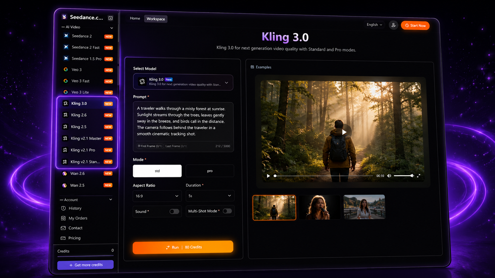 Kling model selection in the Seedance.com.ai AI video workspace.png